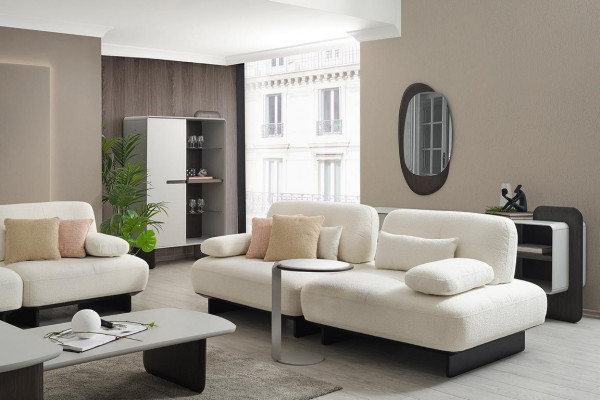 White Upholstered Living Room Set 2x Sofas Coffee Tables Side Table
