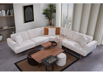 White living room 6-piece set designer upholstered corner sofa 2x stools coffee table