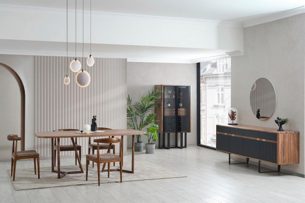 Brown luxurious dining room set: wooden table, 4 upholstered chairs, sideboard.