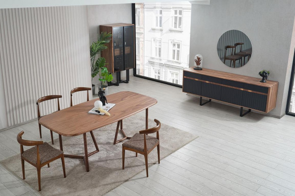 Brown luxurious dining room set: wooden table, 4 upholstered chairs, sideboard.