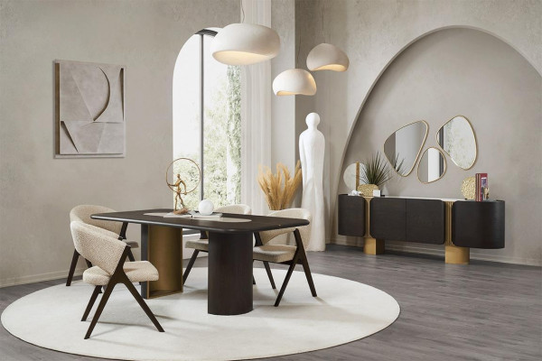 Black-Beige Dining Set Rectangular Dining Table 4x Chairs Mirror