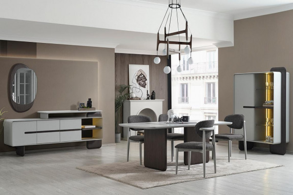 Gray-White Dining Room Furniture Dining Table 4x Luxury Chairs Designer Display Cabinet