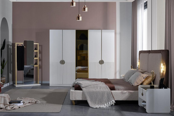 White Bedroom Complete Set Modern Bed Wardrobe 5-piece