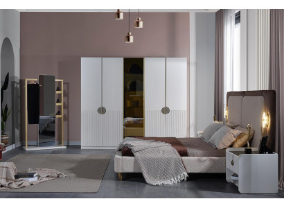 White Bedroom Complete Set Modern Bed Wardrobe 5-piece