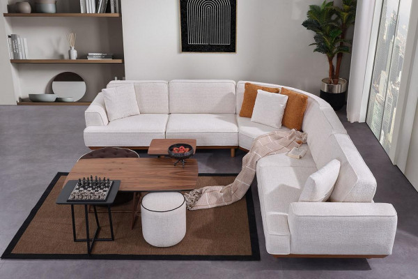 White Upholstered Corner Sofa Luxurious L-Shape Corner Couch Living Room Fabric Sofa