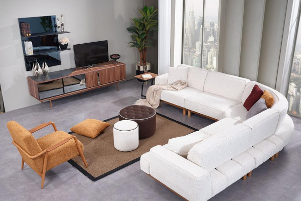 White Upholstered Corner Sofa Luxurious L-Shape Corner Couch Living Room Fabric Sofa