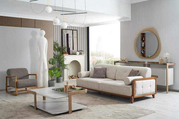 Noble white-gray sofa set three-seater designer armchair wood coffee table
