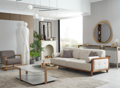 Noble white-gray sofa set three-seater designer armchair wood coffee table