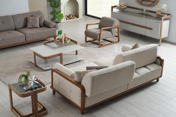 Noble white-gray sofa set three-seater designer armchair wood coffee table