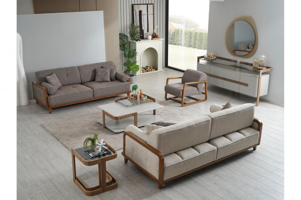 Noble white-gray sofa set three-seater designer armchair wood coffee table