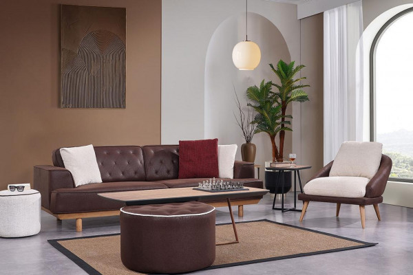Brown and white sofa set living room three-seater luxury armchair 2-piece set