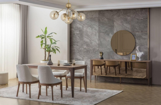 Luxurious Dining Room Set Rectangular Dining Table 6x Textile Chairs 9-piece