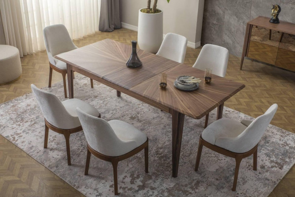 Luxurious Dining Room Set Rectangular Dining Table 6x Textile Chairs 9-piece