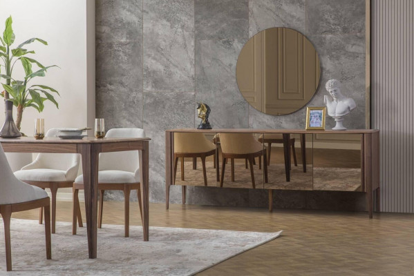 Luxurious Dining Room Set Rectangular Dining Table 6x Textile Chairs 9-piece