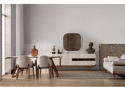 White and brown dining room set, modern dining table, 6 upholstered chairs, 9-piece set