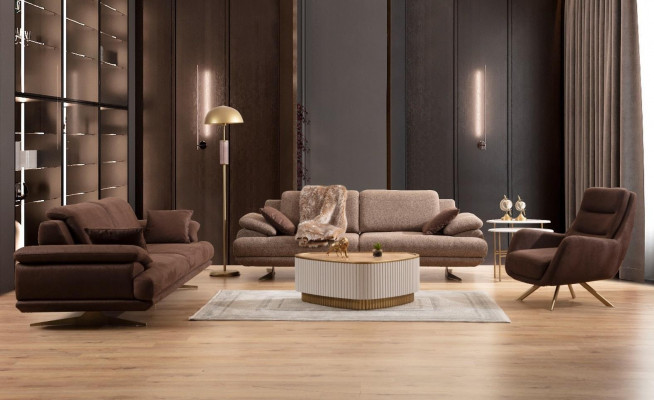 Beige-Brown Living Room Sofa Set 3-Seater Armchair Coffee Table