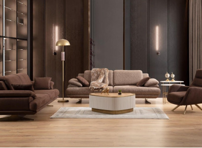 Beige-Brown Living Room Sofa Set 3-Seater Armchair Coffee Table
