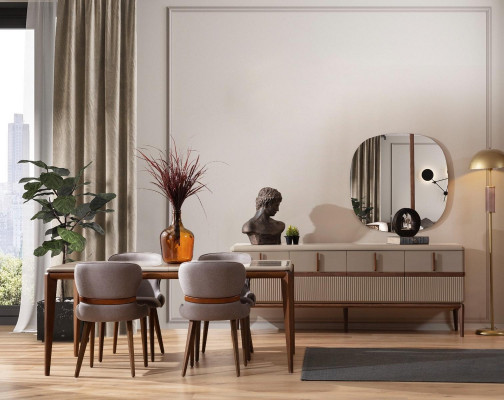 Modern dining room set designer dining table 4 upholstered chairs luxury sideboard