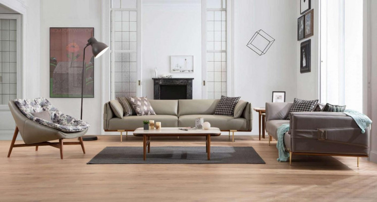 Designer living room set, luxurious leather sofas, fabric armchairs, 3-piece set