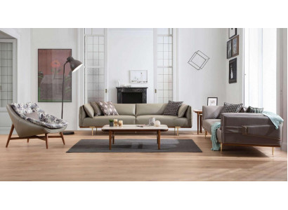 Designer living room set, luxurious leather sofas, fabric armchairs, 3-piece set