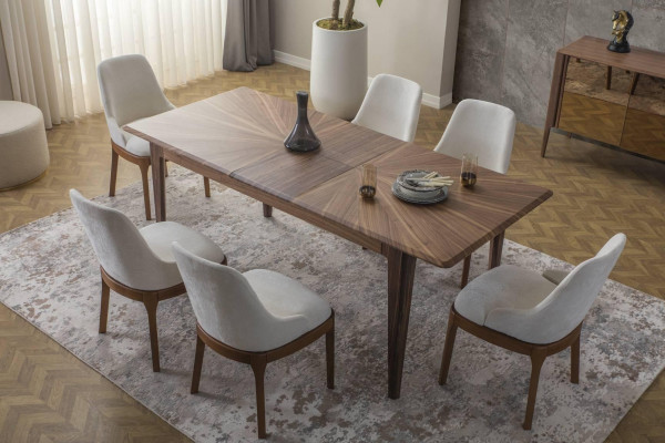 Dining room set Brown dining table Luxurious White 6x upholstered chairs 7-piece set