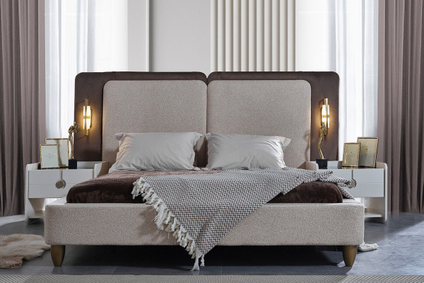 Gray-white bedroom set designer upholstered double bed nightstand