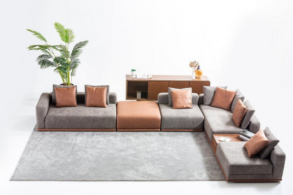 Gray upholstered sofa, corner set, L-shaped corner sofa, modern fabric sofa, couch