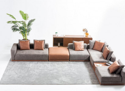 Gray upholstered sofa, corner set, L-shaped corner sofa, modern fabric sofa, couch