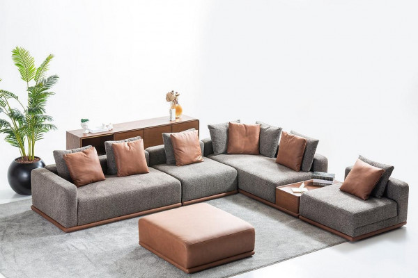 Designer Gray L-Shape Couch Living Room Corner Lounge with 2-Piece Ottoman