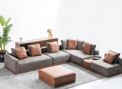 Designer Gray L-Shape Couch Living Room Corner Lounge with 2-Piece Ottoman