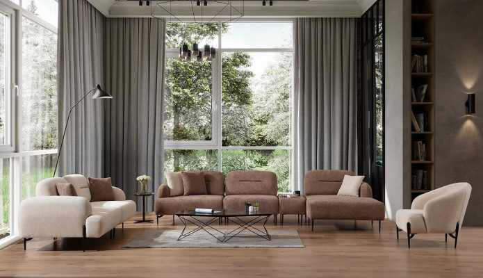 Modern brown and white sofa set 3-seater fabric armchair L-shaped corner sofa