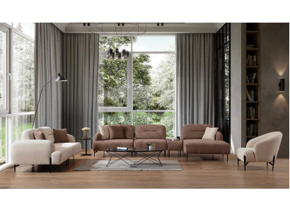 Modern brown and white sofa set 3-seater fabric armchair L-shaped corner sofa