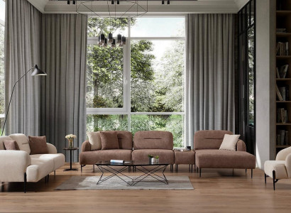 Modern brown and white sofa set 3-seater fabric armchair L-shaped corner sofa