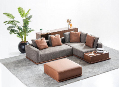 Living room seating set gray L-shaped sofa brown stool luxury furniture
