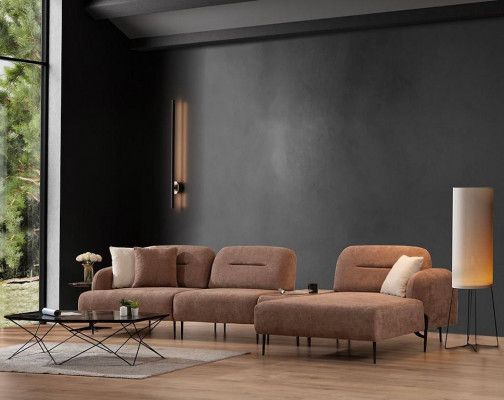 Brown living room sectional designer upholstered landscape L-shaped couch