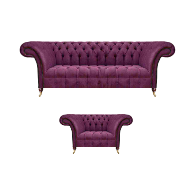 Luxury 2-Piece Living Room Upholstered Furniture Set Sofa Three-Seater Couch Armchair Chesterfield