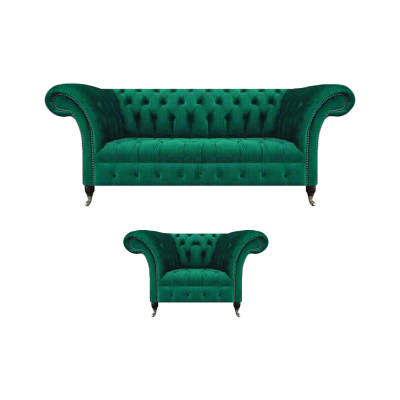 Living room green three-seater sofa couch complete armchair upholstered sofa Chesterfield
