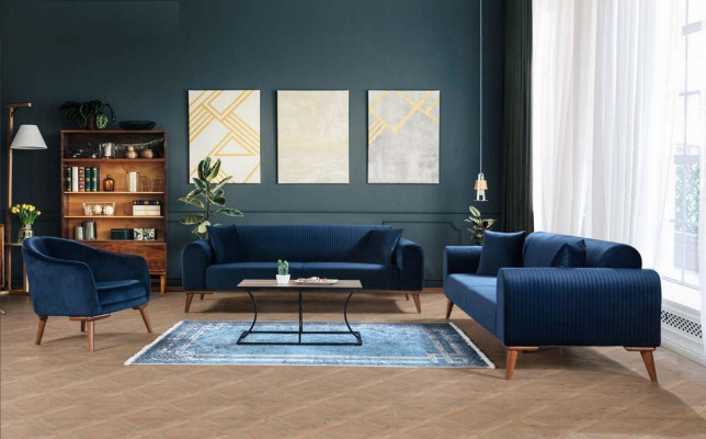 Elegant blue three-seater couch sofa living room seating furniture velvet