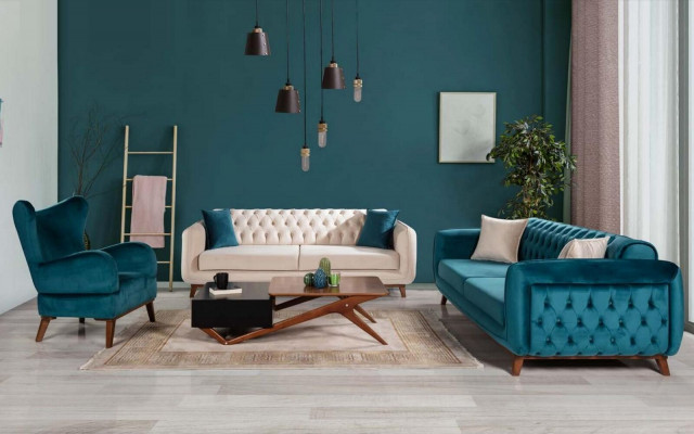 Design couch 3-seater sofa three-seater upholstery fabric turquoise seat cushion