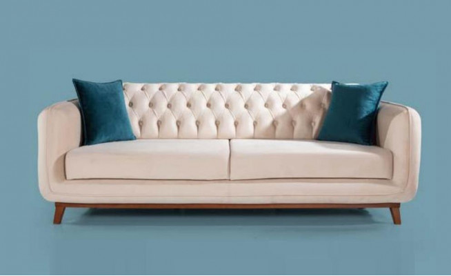 Three-seater sofa upholstered couch fabric furniture beige white velvet
