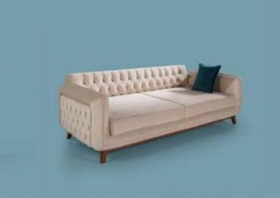 Three-seater sofa upholstered couch fabric furniture beige white velvet