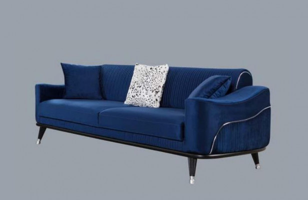 Blue design couch three-seater luxury sofa velvet furniture fabric textile