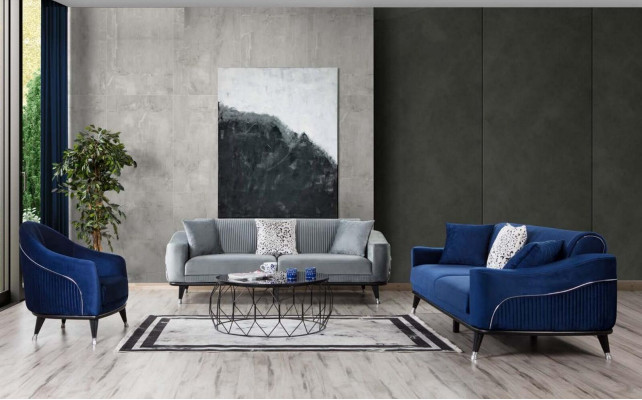Blue design couch three-seater luxury sofa velvet furniture fabric textile