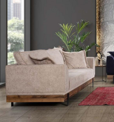 Living room sofa, 3-seater, beige textile sofas, couch, upholstered furniture.