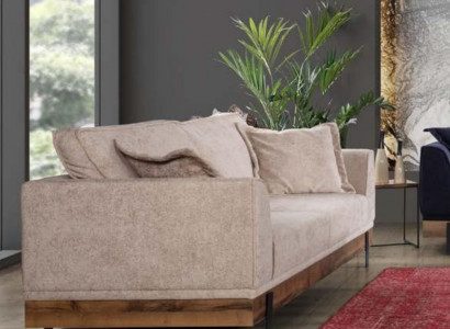 Living room sofa, 3-seater, beige textile sofas, couch, upholstered furniture.