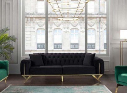 Black Chesterfield Couch Three-Seater Seat Cushion Sofa Velvet Wood