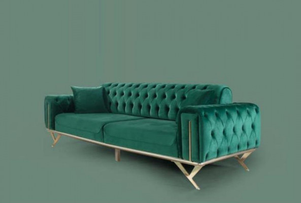 Green Chesterfield Couch Three-Seater Cushion Sofa Furniture Velvet Wood