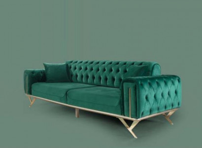 Green Chesterfield Couch Three-Seater Cushion Sofa Furniture Velvet Wood