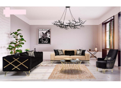 Black Sofa Set 3+3+1 Seater Armchair Elegant Metal Velvet