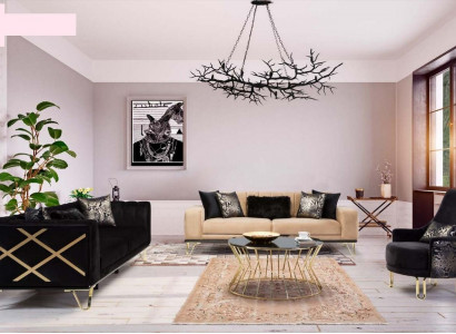Black Sofa Set 3+3+1 Seater Armchair Elegant Metal Velvet